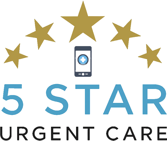 Five stars and phone icon logo.