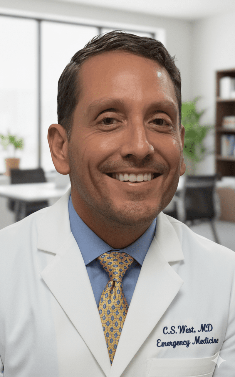 Smiling male doctor in a white coat and tie.